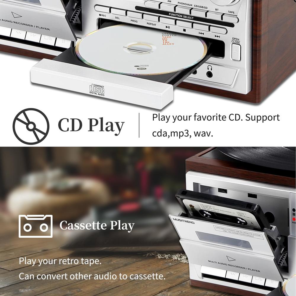 MUSITREND Record Player 9 in 1 3 Speed Bluetooth Vintage Turntable CD Cassette Vinyl Player AM/FM Radio USB/SD Encoding Aux-in R