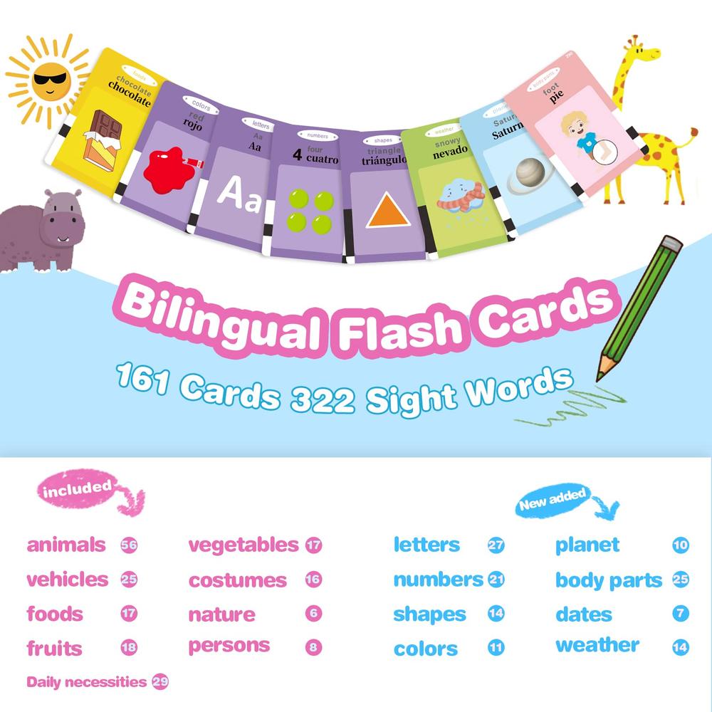 TimingSXD Spanish Flash Cards for Kids,Bilingual Flash Cards for Toddler/Beginning - ABC,Numbers,Colors,Shapes,Español/English T