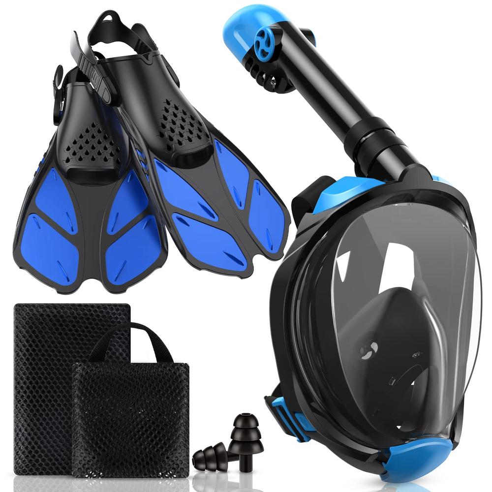 Viginsul Mask Fins Snorkeling Gear for Adults, Full Face Snorkel Mask & Adjustable Swim Fins Snorkel Set, Panoramic View Snorkel