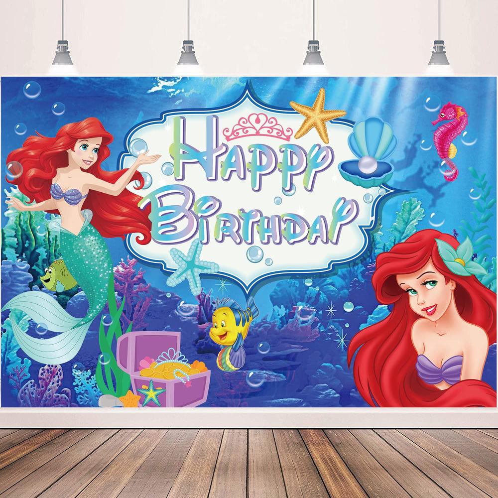 YUNKELIU Happy Birthday Backdrop, Under The Sea Little Mermaid Party Supplies for Girls Ariel Mermaid Princess Banner Cartoon Theme Party