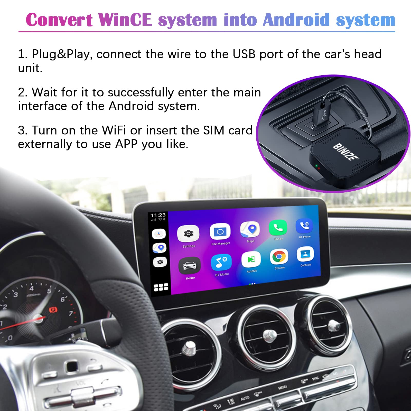 Binize Wireless CarPlay Android Auto Multimedia Video Box,4G Cellular,4GB+64GB,8Core, Android 13, Built-in Navigation, Support S