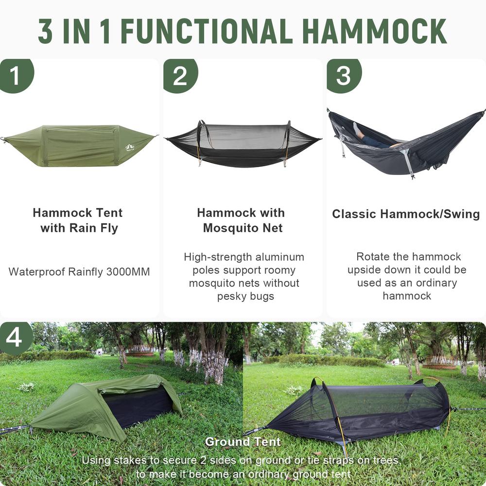 Night cat 3 in 1 Hammock Tent with Storage Pocket for Sleeping Pad(Exclude) with Bug Net and Rainfly 1 Person Backpacking camp T