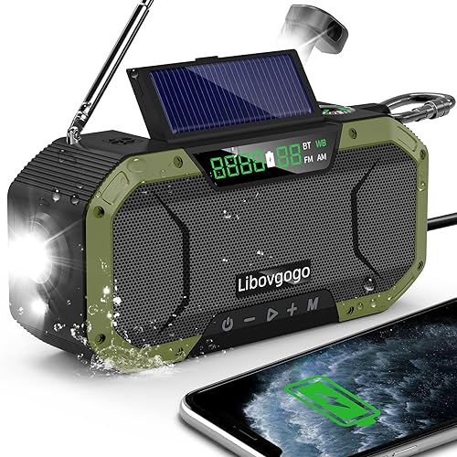 garinosen Emergency Radio Waterproof Bluetooth Speaker,Portable Digital AM FM Radio with Flashlight,Reading Lamp,Hand Crank NOAA Weather R