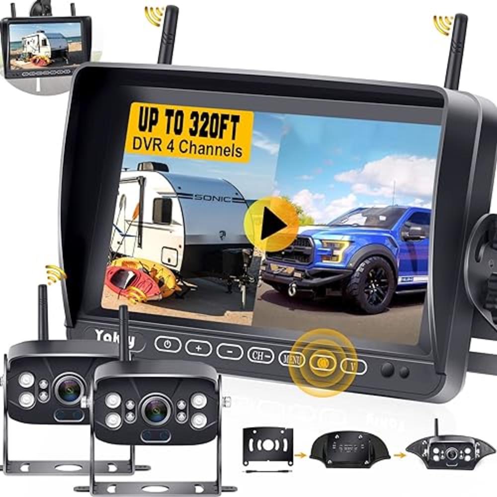 Yakry RV Backup Camera Wireless Recording 2 Cameras - Plug and Play Pre-Wired for Furrion System Night Vision 4 Channels HD 1080P 7''
