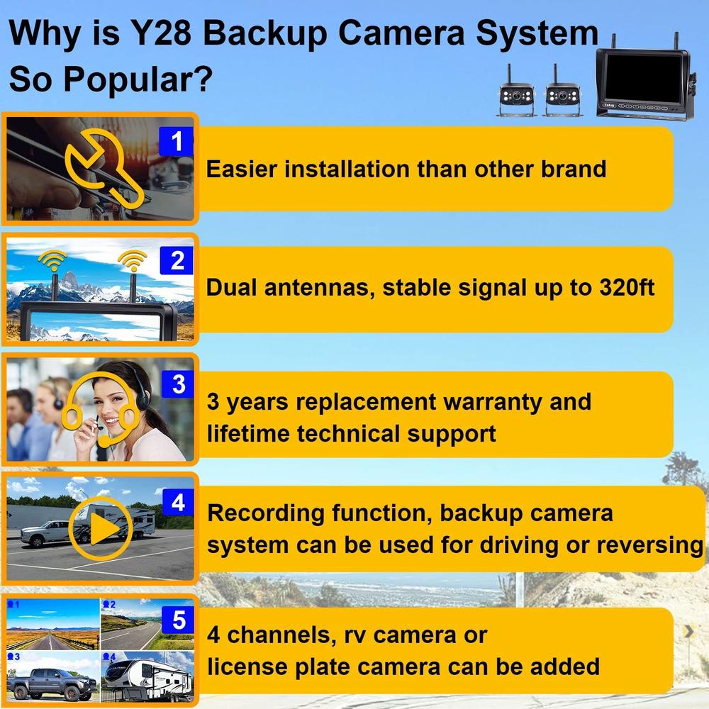 Yakry RV Backup Camera Wireless Recording 2 Cameras - Plug and Play Pre-Wired for Furrion System Night Vision 4 Channels HD 1080P 7''