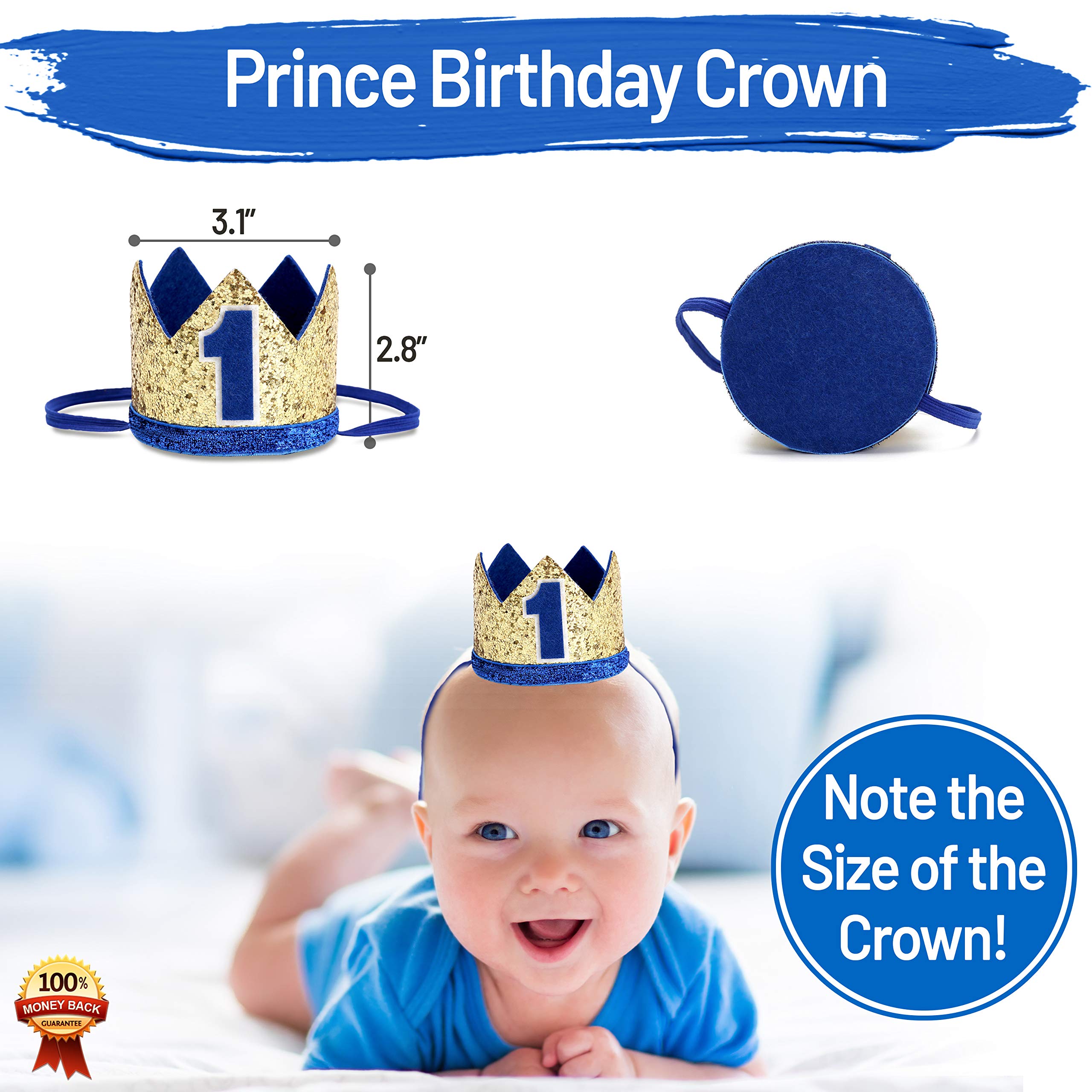 PartyHooman Baby Boy 1st Birthday Decorations With Birthday Crown - First Birthday Boy Decorations - Cake Smash Party Supplies - Happy Birth