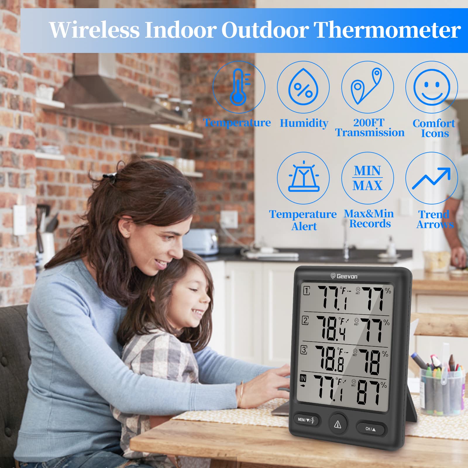 Geevon Indoor Outdoor Thermometer Wireless with 3 Remote Sensors, Digital Hygrometer Thermometer, Wireless Temperature Humidity