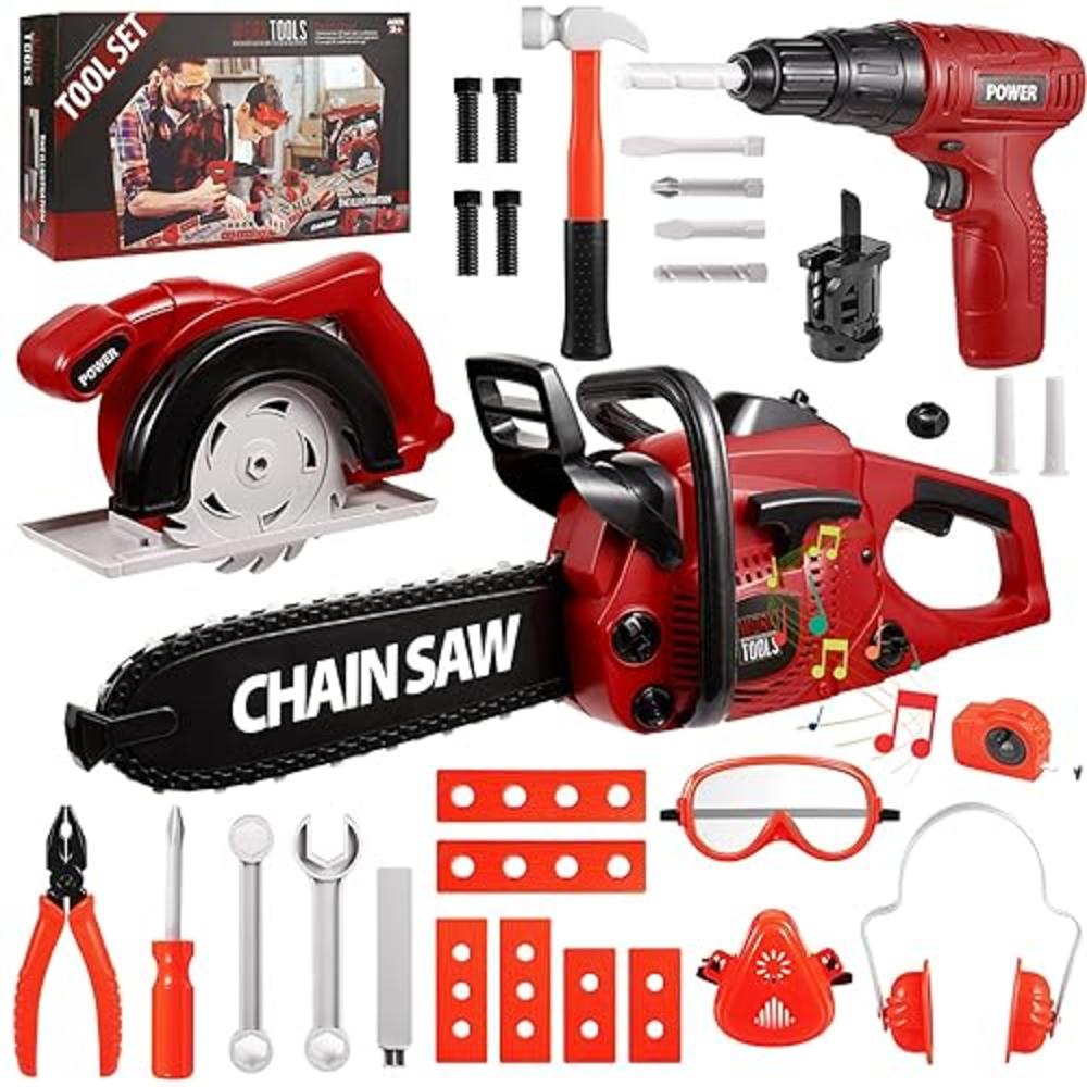 Vextronic Kids Tool Set 36 PCS with Toy Chainsaw Electronic Toy Drill with Sound and Light, Pretend Play Kids Tool Box Construct
