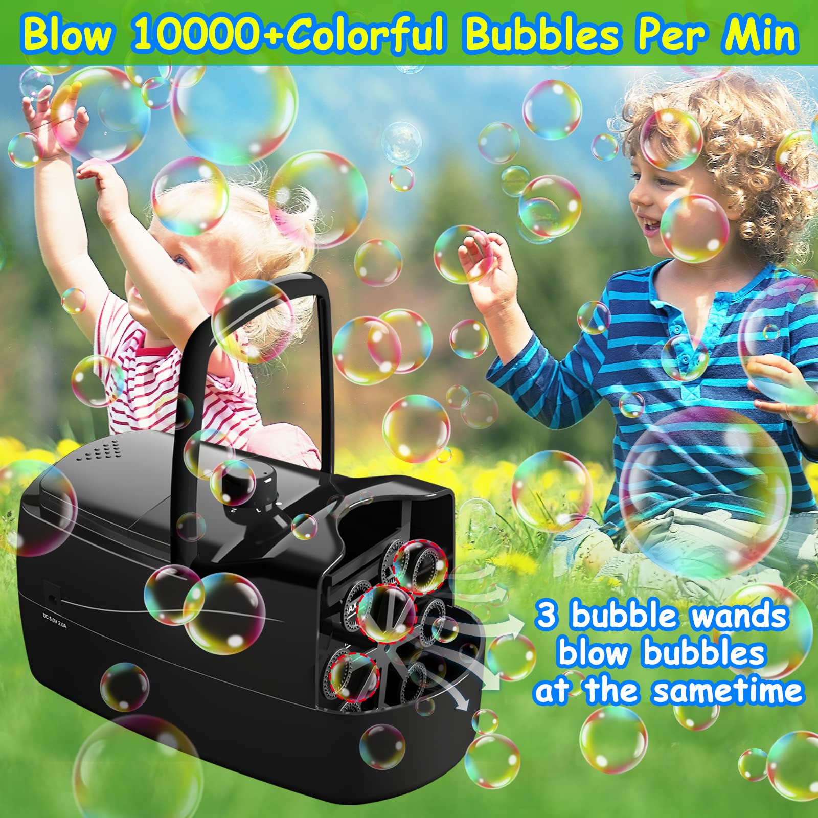 Sizonjoy Bubble Machine Automatic Bubble Blower, 10000+ Bubbles Per Minute with 2 Speeds, 8 Wands Bubble Maker, Plug-in or Batteries Bubb
