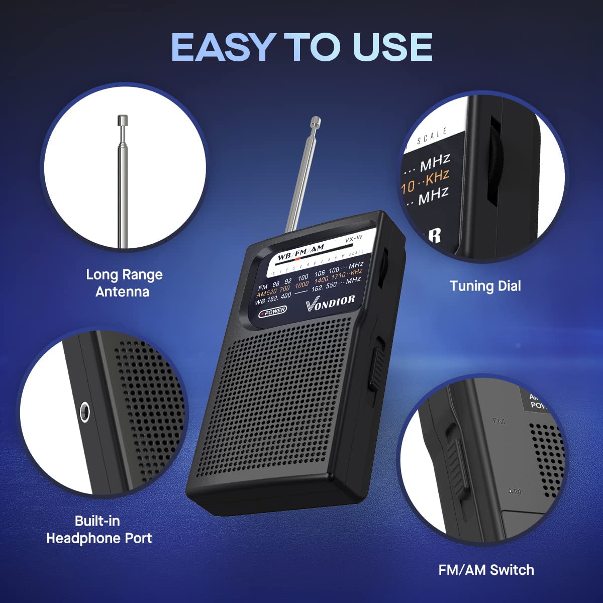 Vondior Portable NOAA Weather Radio, Battery Operated Emergency NOAA/AM/FM Radio with Best Reception, Pocket Weather Alert Radio