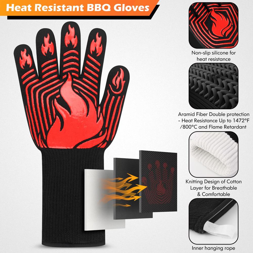 KUWANI BBQ Gloves, 1472°F Heat Resistant Gloves Fireproof Mitts，Grilling Gloves Silicone Non-Slip Washable Oven Gloves, Kitchen Gloves
