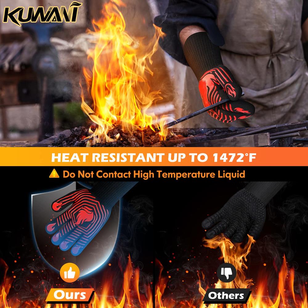 KUWANI BBQ Gloves, 1472°F Heat Resistant Gloves Fireproof Mitts，Grilling Gloves Silicone Non-Slip Washable Oven Gloves, Kitchen Gloves