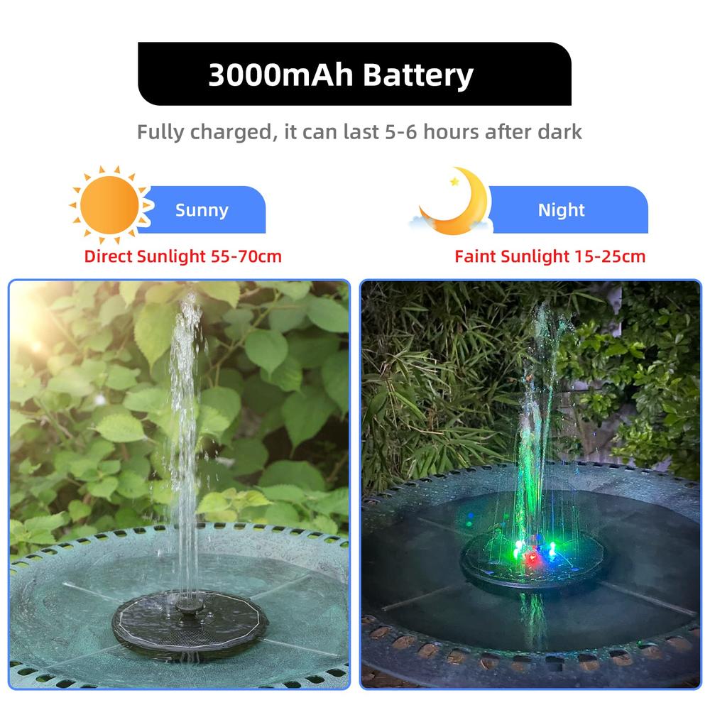 ALUKIKI Solar Powered Fountain 4W Bird Bath Fountains Pump Upgraded Glass Panel Fountains with Color LED Lights 7 Nozzles & 4 Fi