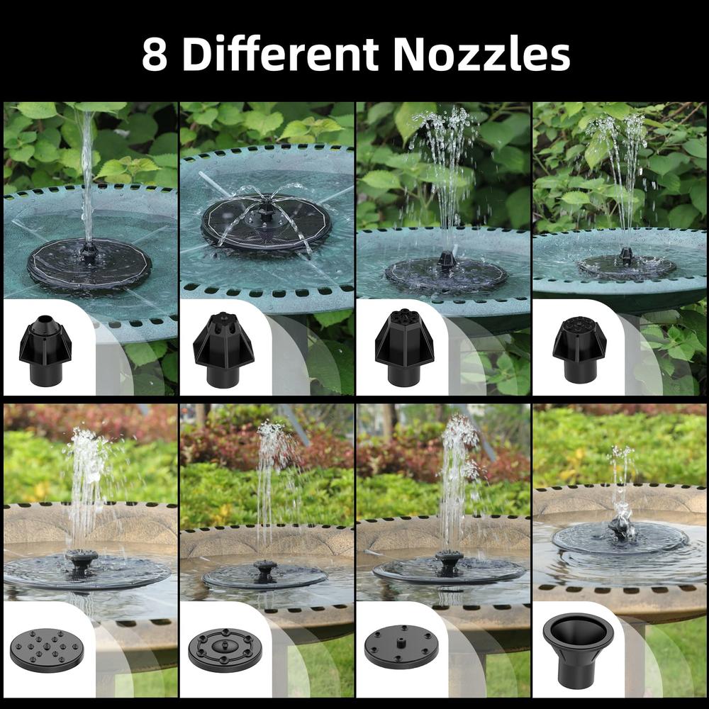ALUKIKI Solar Powered Fountain 4W Bird Bath Fountains Pump Upgraded Glass Panel Fountains with Color LED Lights 7 Nozzles & 4 Fi
