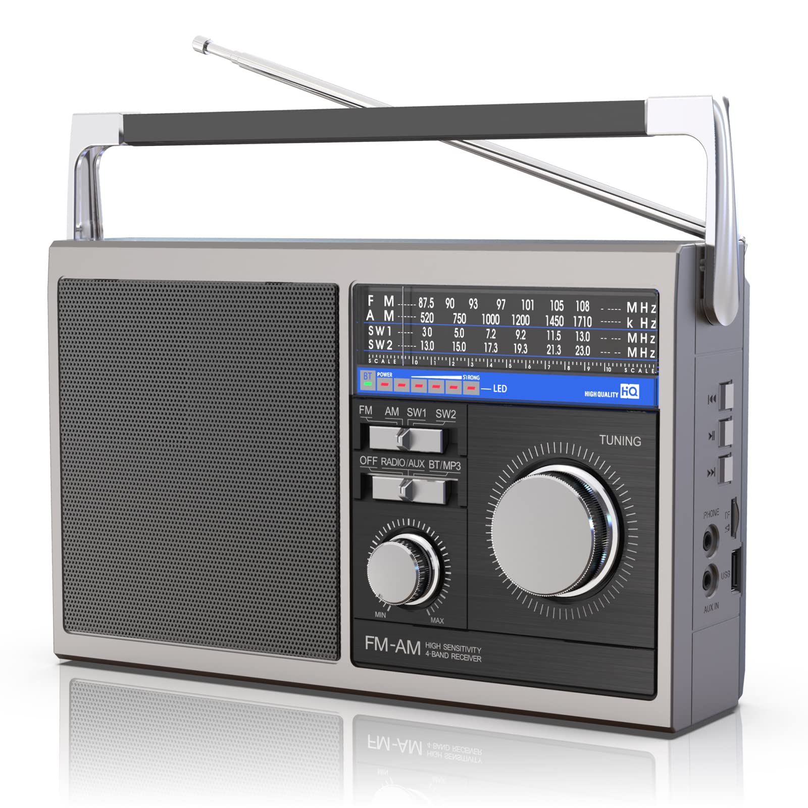 Yewrich Portable AM FM Radio, Shortwave Transistor Radio with Best Reception, Battery Operated or AC Power Retro Radio with Big Bluetoot