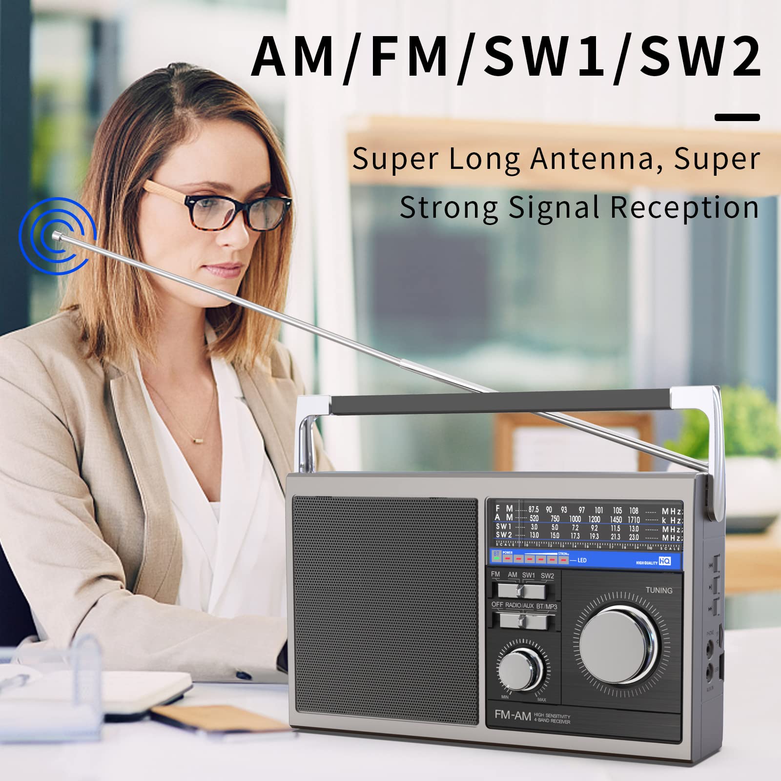 Yewrich Portable AM FM Radio, Shortwave Transistor Radio with Best Reception, Battery Operated or AC Power Retro Radio with Big Bluetoot