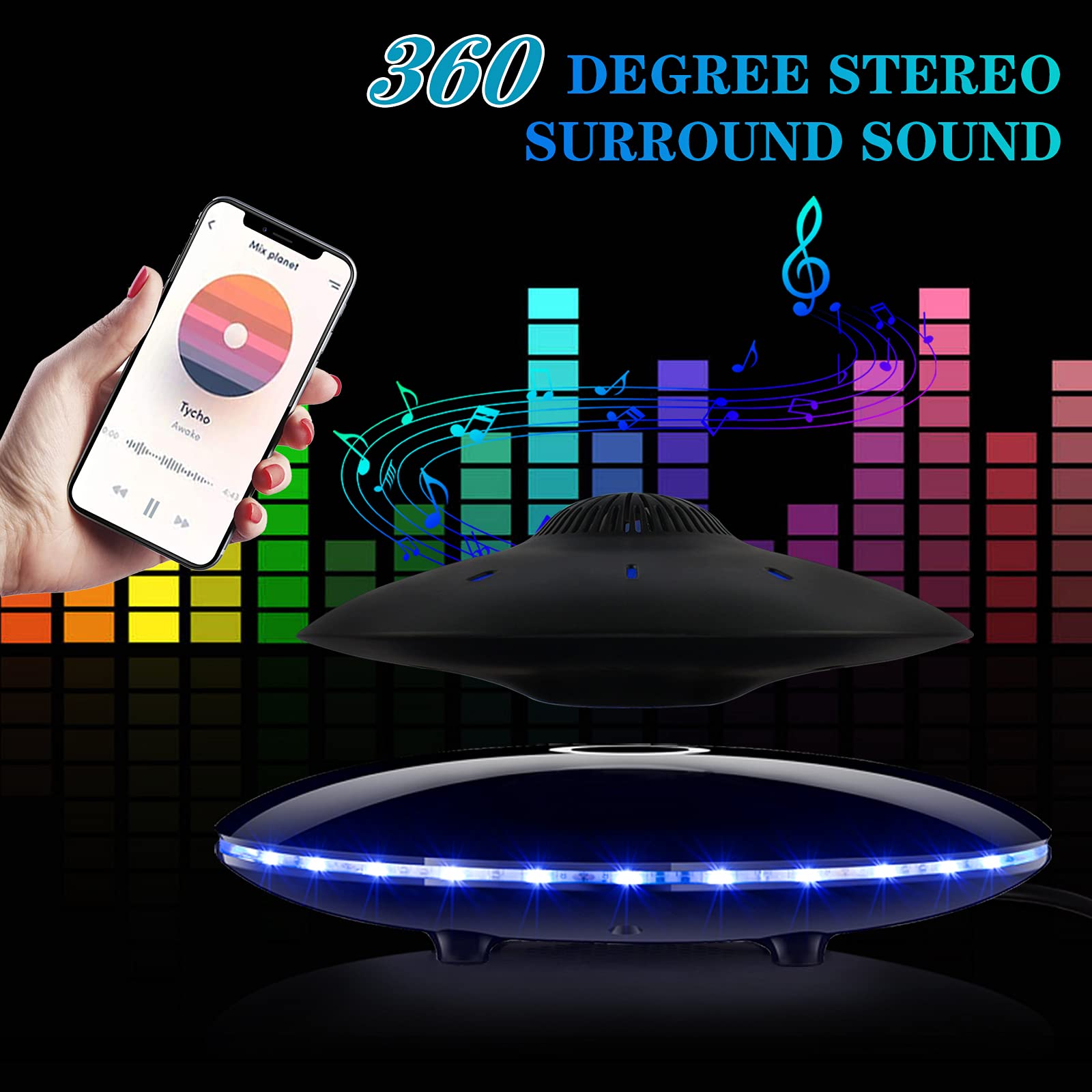 RUIXINDA Magnetic Levitating Bluetooth Speaker, Levitating UFO Speakers with LED Lights, 360 Degree Rotation,Wireless Floating S