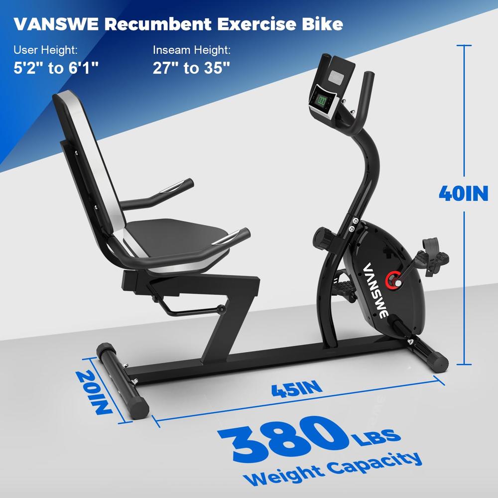 Vanswe Recumbent Exercise Bike for Adults Seniors - For Home Workout with 16 Levels Resistance, 380 lbs Weight Capacity, Bluetoo