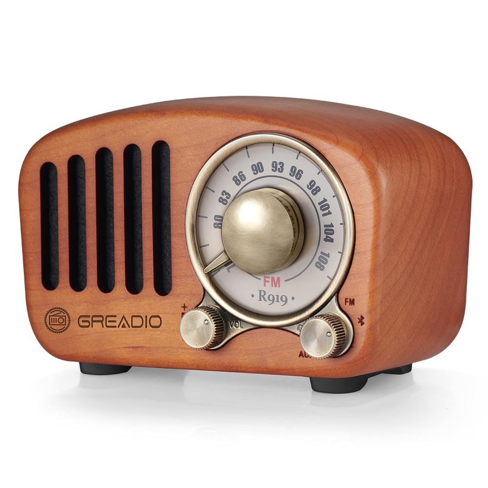 Greadio Vintage Radio Retro Bluetooth Speaker- Greadio Cherry Wooden FM Radio with Old Fashioned Classic Style, Strong Bass Enhancement,