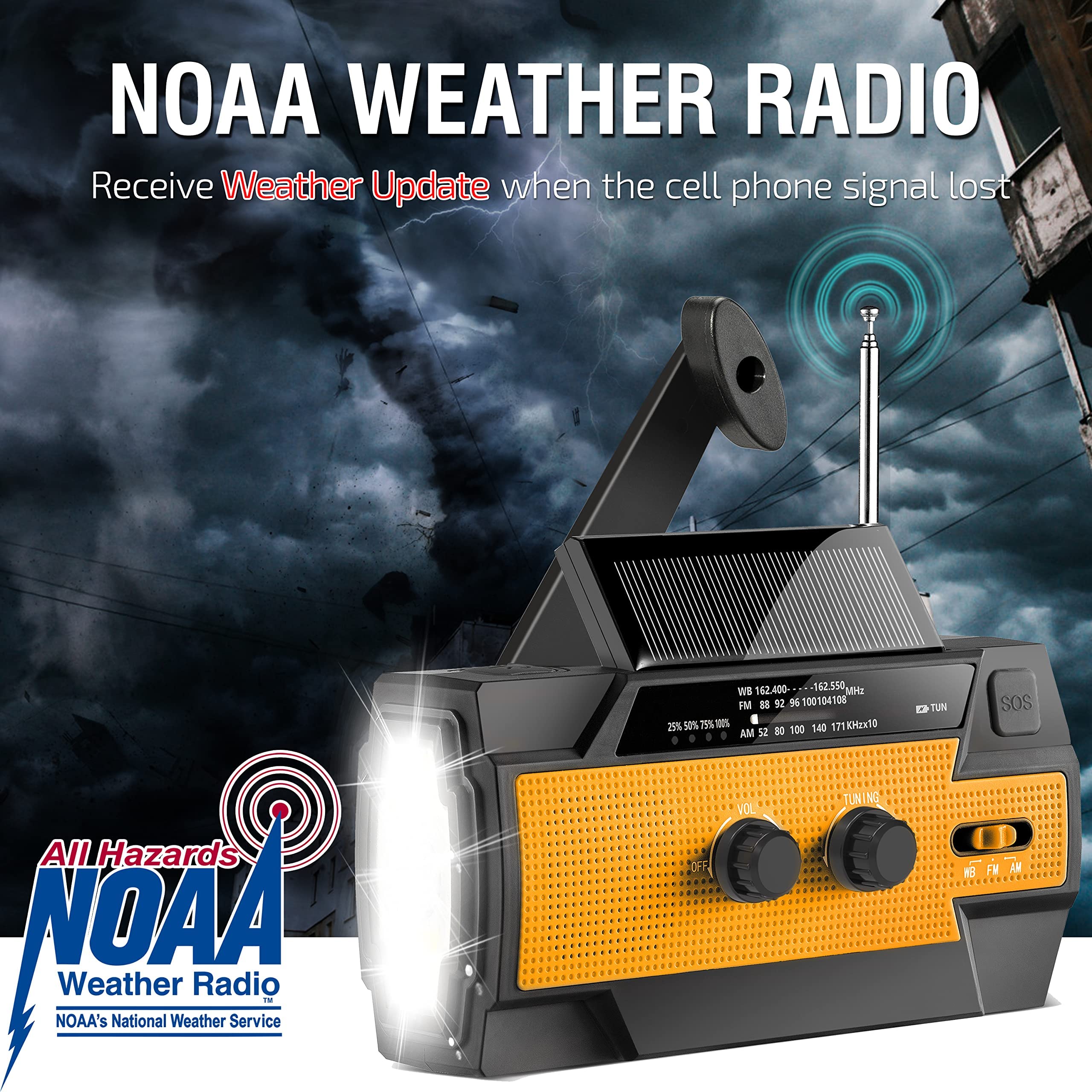 DaringSnail 6000mAh Emergency Weather Radio, Solar Hand Crank Portable NOAA Weather Radio with 1W Flashlight & Motion Sensor Reading Lamp, C