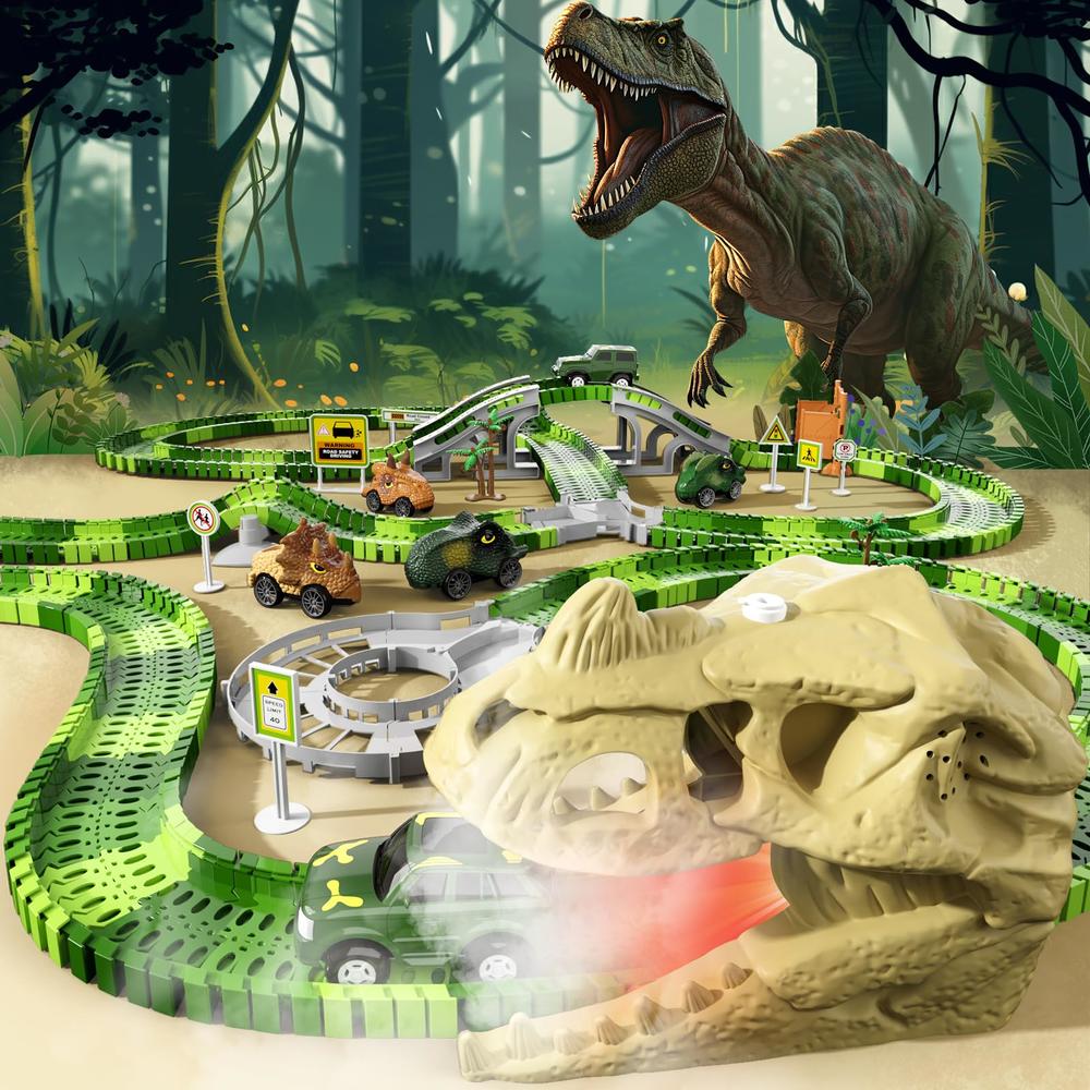 iHaHa 249 PCS Dinosaur Toys Race Car Track, Toys for Kids Toddler Boys Ages 2-4 3-5 4-6, Dinosaur Race Tracks Toys with Light, S