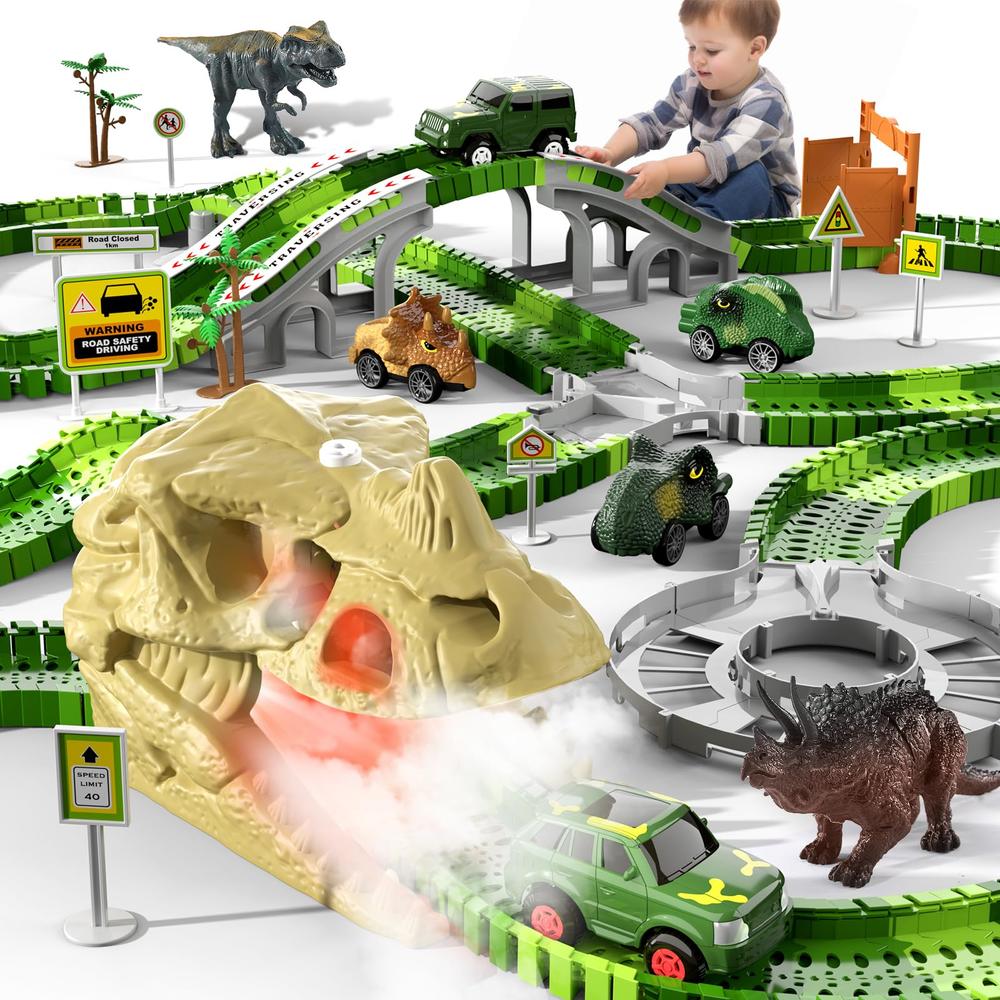 iHaHa 249 PCS Dinosaur Toys Race Car Track, Toys for Kids Toddler Boys Ages 2-4 3-5 4-6, Dinosaur Race Tracks Toys with Light, S