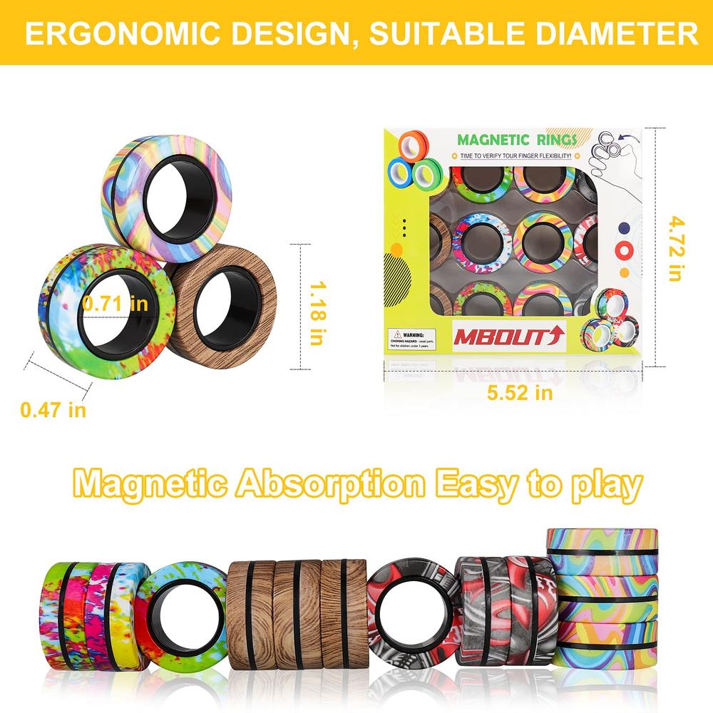 MBOUTrising 12Pcs Magnetic Ring Fidget Toys Set, Graffiti Camo Fingers Magnet Rings, ADHD Stress Relief Magical Spinner Toys for