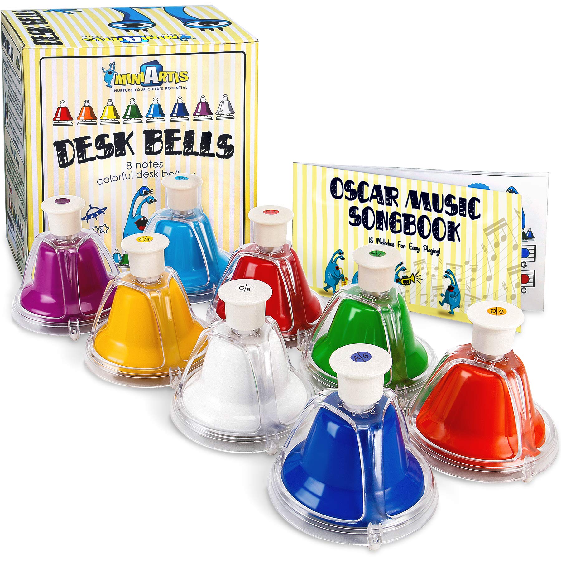 MINIARTIS Desk Bells for Kids | Educational Music Toys for Toddlers 8 Notes Colorful Hand Bells Set | Kids Musical Instrument wi
