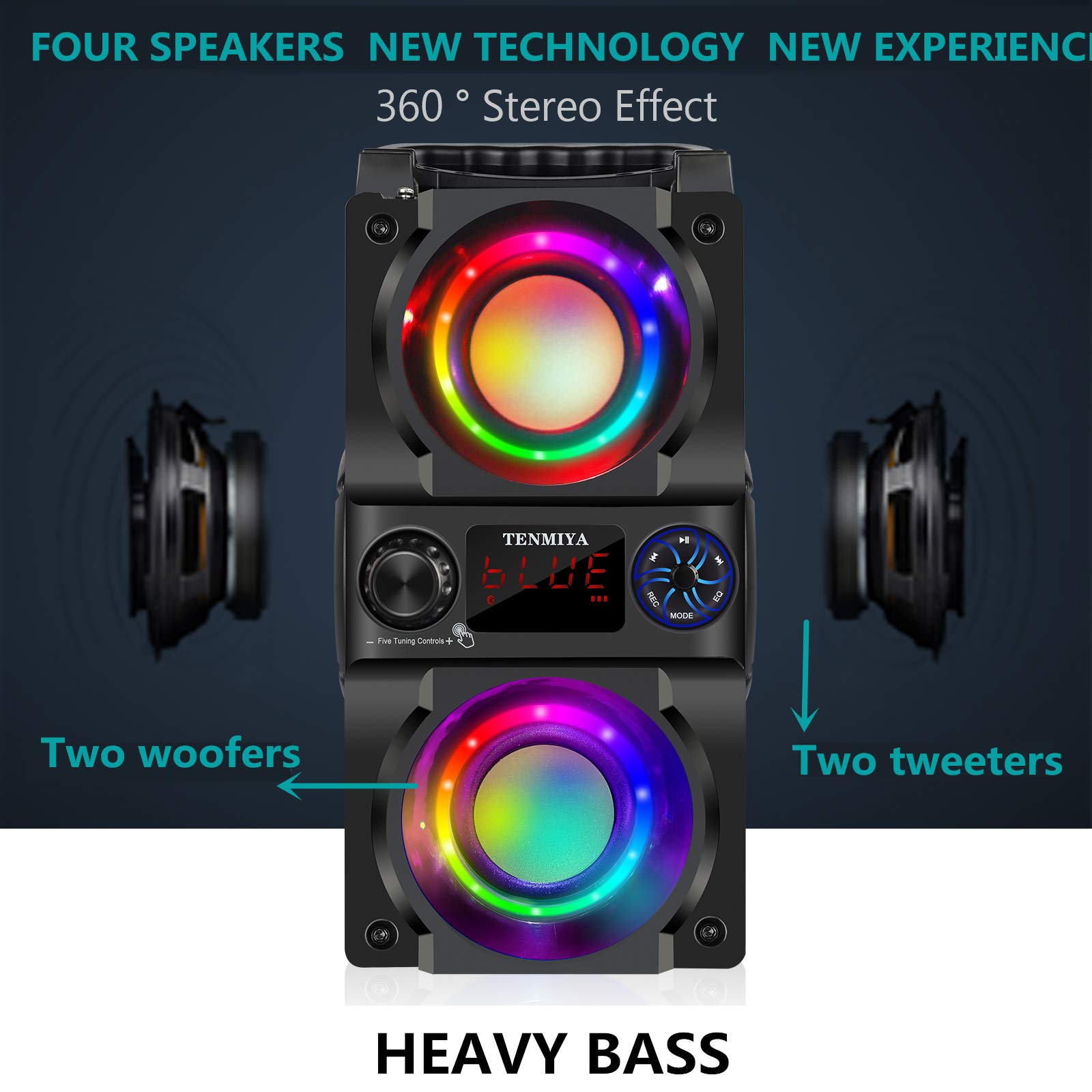 TENMIYA Bluetooth Speaker, 40W (60W Peak) Portable Wireless Speaker with Colorful Lights, Double Subwoofer Heavy Bass, FM Radio, MP3 Pla