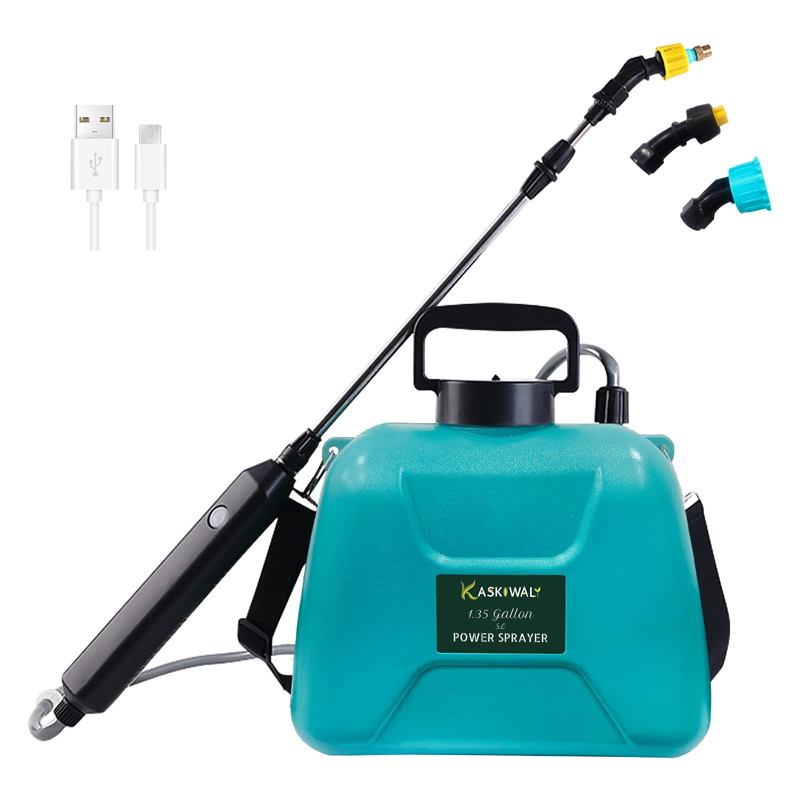 Kaskiwaly Battery Powered Garden Sprayer with 3 Mist Nozzles, 1.35 Gal Lawn Water Sprayer with USB Rechargeable Handle and Telescopic Wand