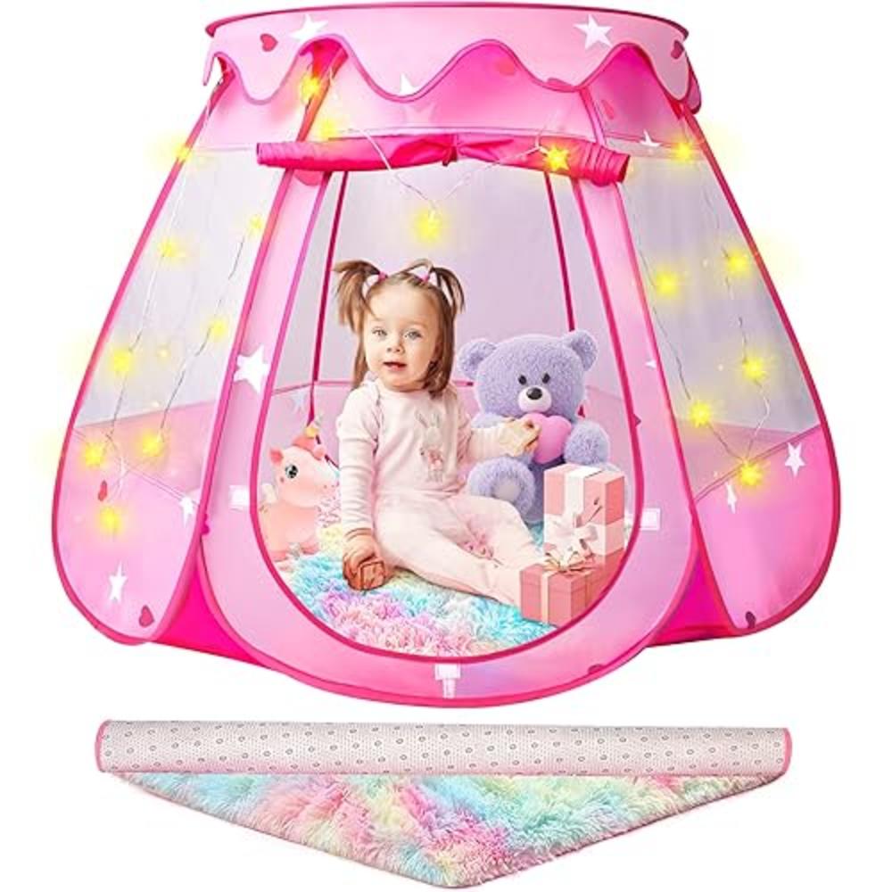 Dishio Princess Castle Girls Play Tent with Rainbow Rug StarLights Pop Up Play Tent for Toddlers Kids DISHIO Playhouse Toys for 1,2,3 Y