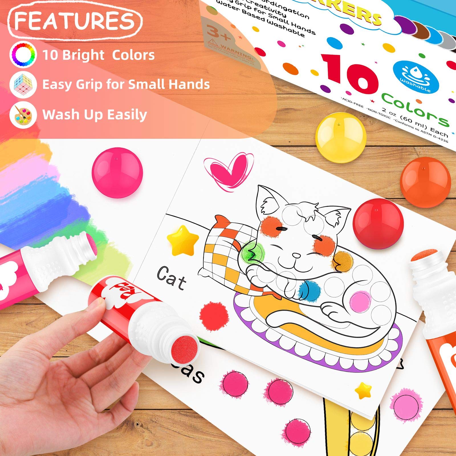 Soucolor Washable Dot Markers for Toddlers Kids Preschool, 10 Colors 2 oz  Bingo Daubers Paint Markers