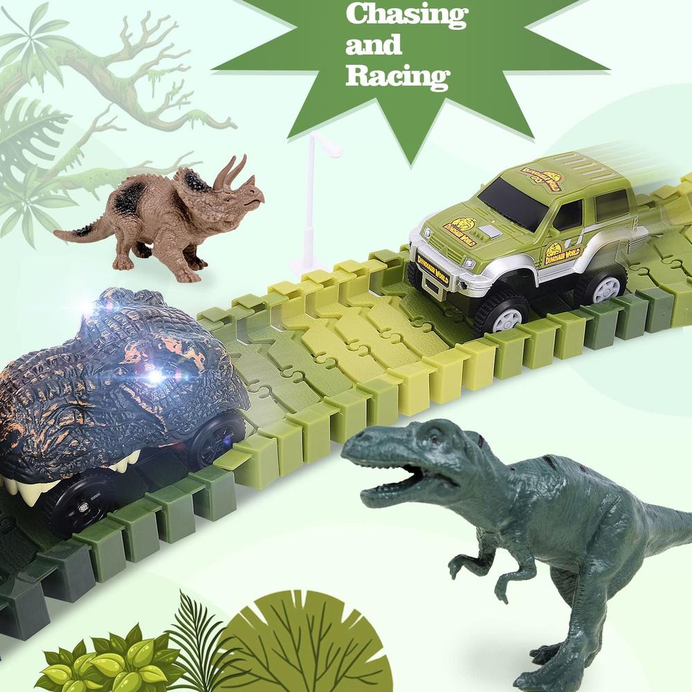 Desuccus Dinosaur Toys, 201Pcs Create A Dinosaur World Road Race with Rolling Ball 8 Dino and 2 Race Cars for Boys & Girls Ages 3 4 5 6 7
