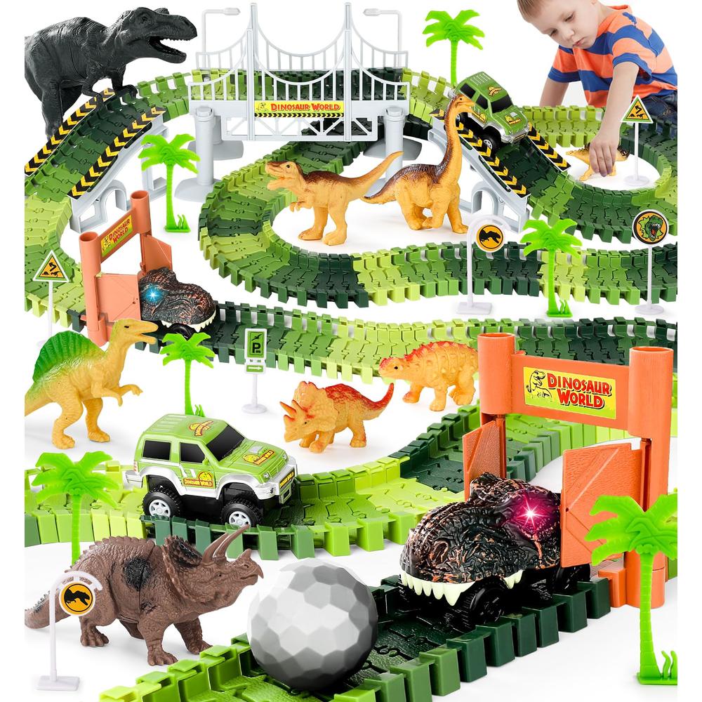 Desuccus Dinosaur Toys, 201Pcs Create A Dinosaur World Road Race with Rolling Ball 8 Dino and 2 Race Cars for Boys & Girls Ages 3 4 5 6 7