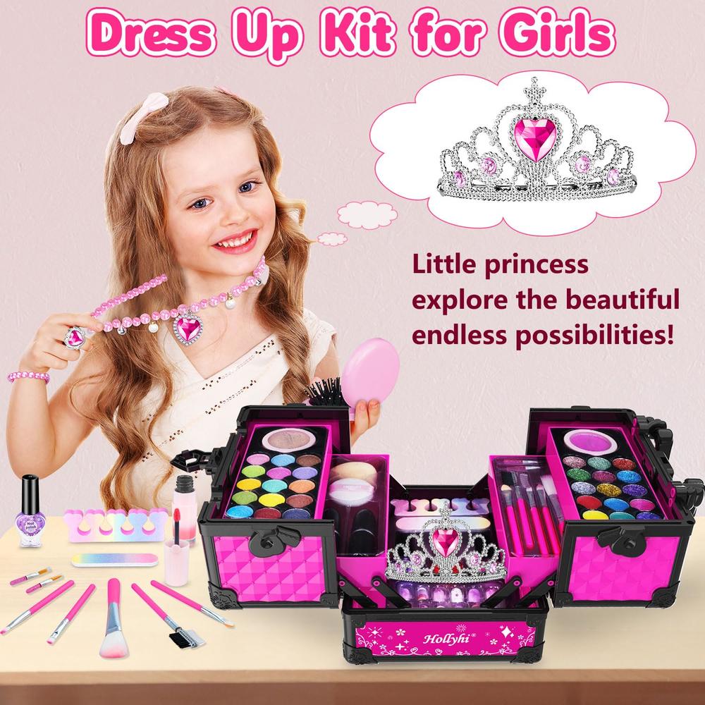 Hollyhi 65 Pcs Kids Makeup Kit for Girl, Washable Play Makeup Toys Set for Dress Up, Pretend Beauty Vanity Set with Cosmetic Cas