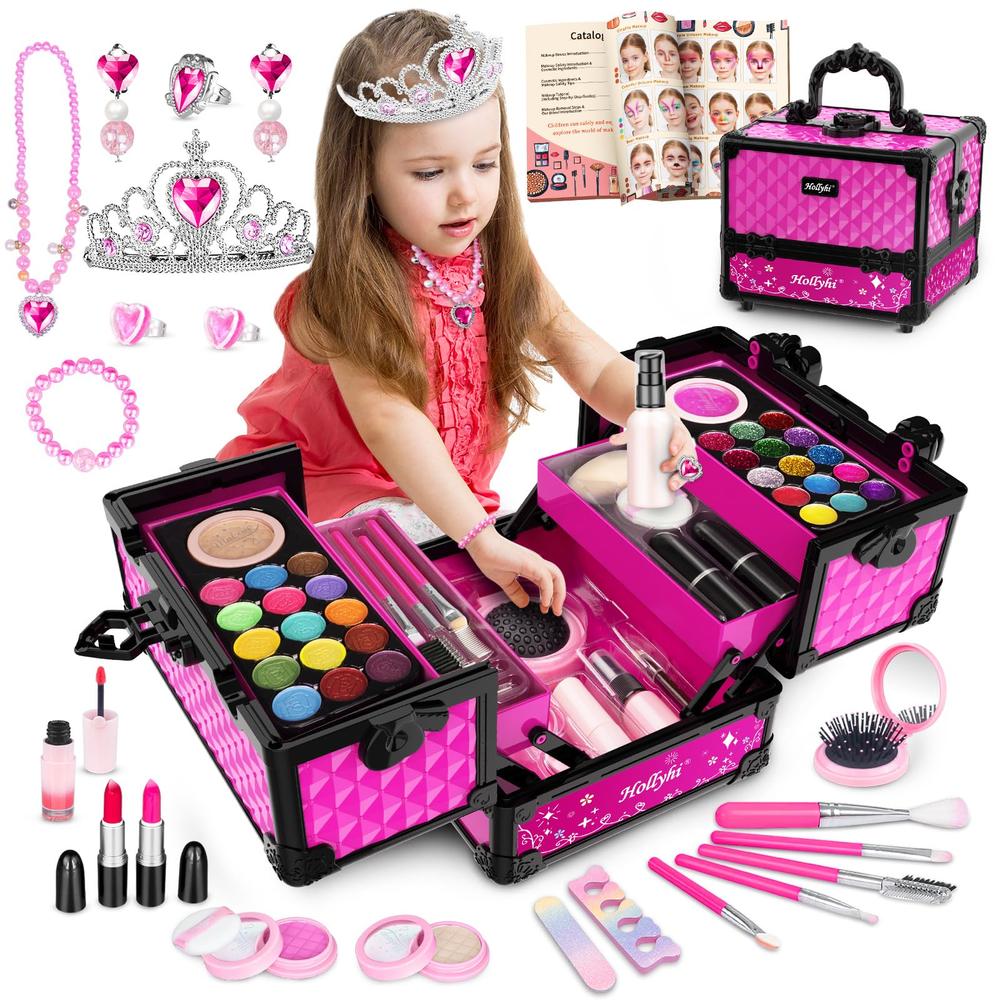 Hollyhi 65 Pcs Kids Makeup Kit for Girl, Washable Play Makeup Toys Set for Dress Up, Pretend Beauty Vanity Set with Cosmetic Cas