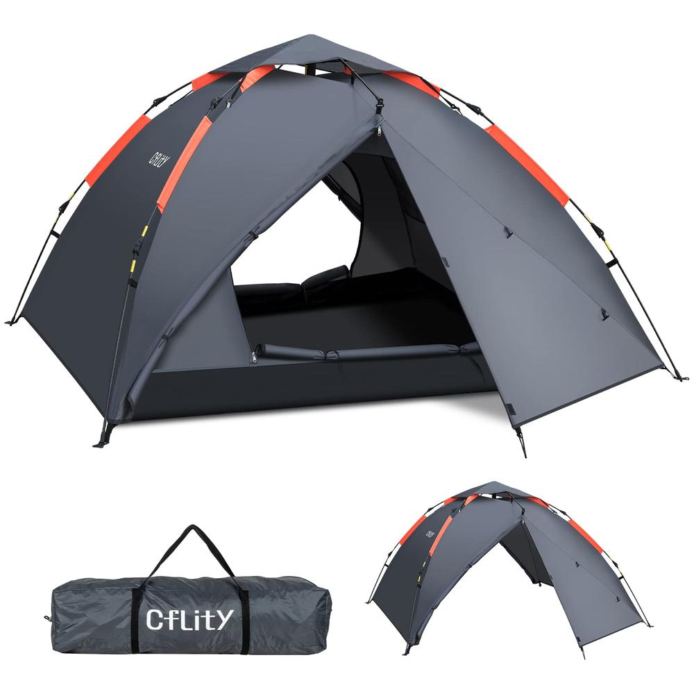 Cflity Camping Tent, 3 Person Instant Pop Up Tent Waterproof Three Layer Automatic Dome Tent, Large Lightweight 4 Seasons Tent, 