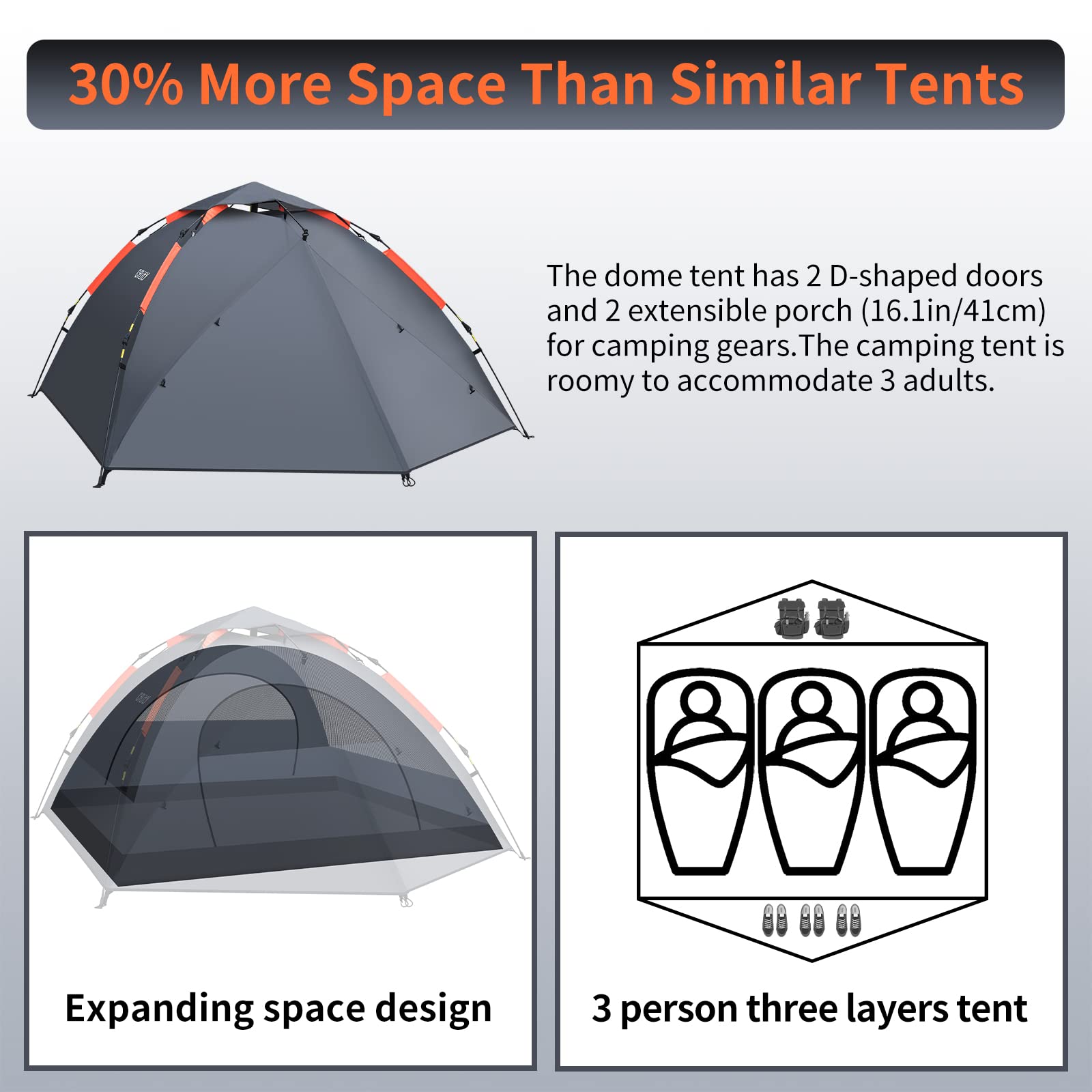 Cflity Camping Tent, 3 Person Instant Pop Up Tent Waterproof Three Layer Automatic Dome Tent, Large Lightweight 4 Seasons Tent, 