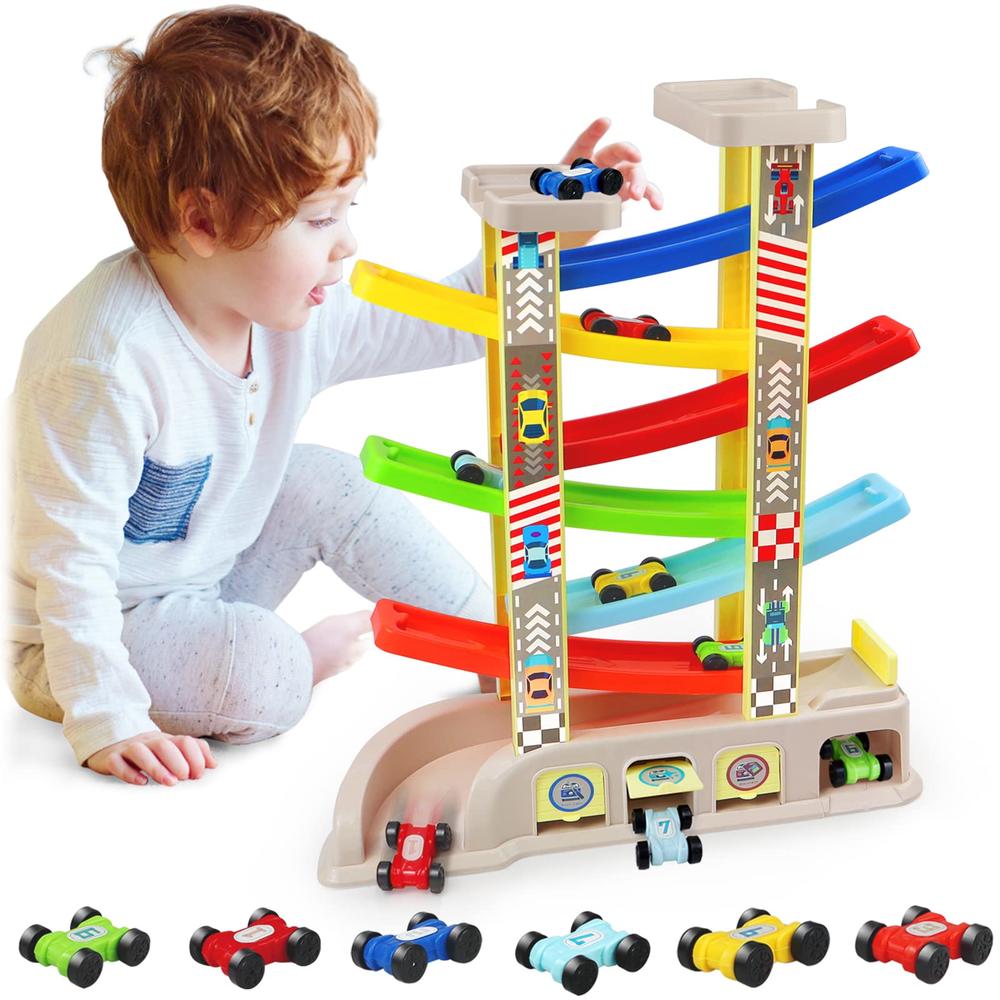 aotipol Montessori Toys for 2 3 Year Old Boys Toddlers, Car Ramp Toys with 6 Cars & Race Tracks, Garages and Parking Lots, Ramp Racer To