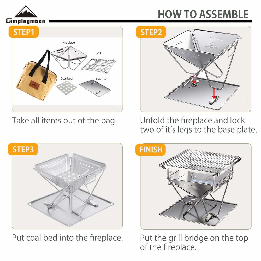 camping moon CAMPINGMOON Tabletop Charcoal Grill Small Size Wood Burning Grill and Fire Pit 9.65-inch Portable Stainless Steel with Carrying