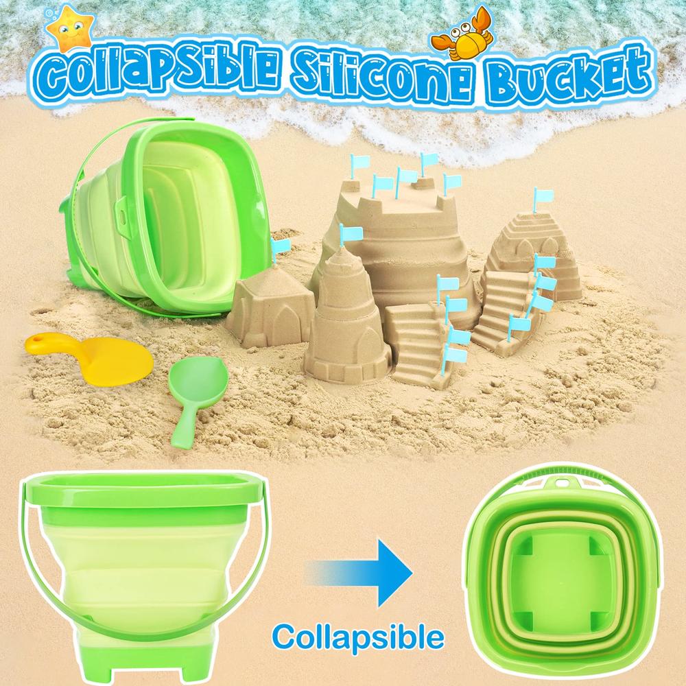 RACPNEL Beach Toys Sand Toys Set for Kids, Collapsible Sand Bucket and Shovels Set with Mesh Bag, Sand Molds, Flags, Sandbox Toy