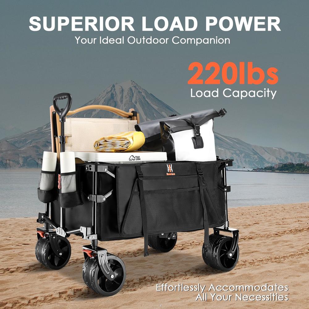 Navatiee Collapsible Folding Wagon, Beach Wagon Cart Heavy Duty Foldable with Big Wheels, Utility Grocery Wagon with Side Pocket