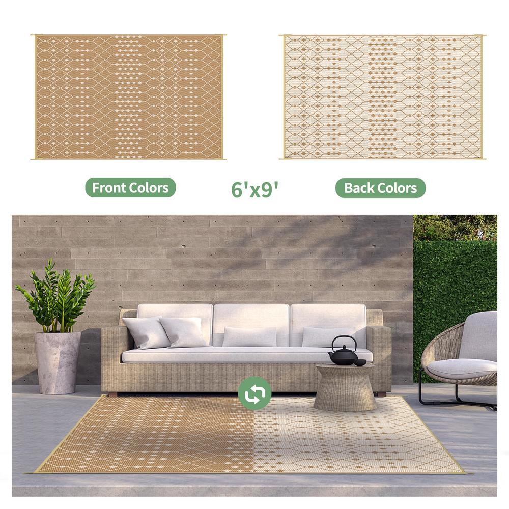 GENIMO 6'x9' Outdoor Rug for Patio, Reversible Plastic Waterproof RV Rugs, Clearance Large Mat, Porch, Camping, Picnic, Deck, Ca