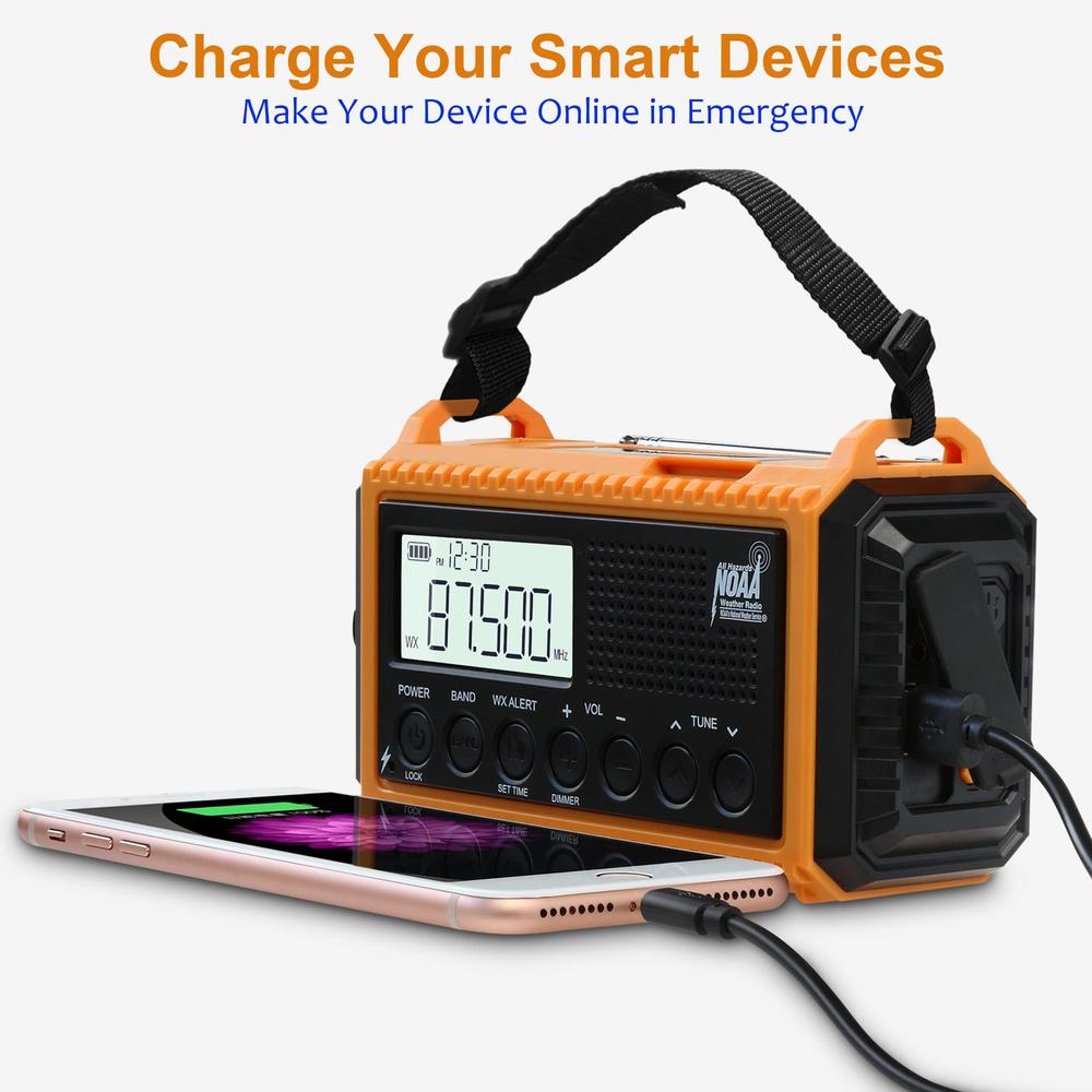 ROCAM Emergency Radio,Solar Hand Crank Weather Radio Battery Portable AM/FM/Shortave/NOAA Radio with Time Display,Flashlight,Smartphon