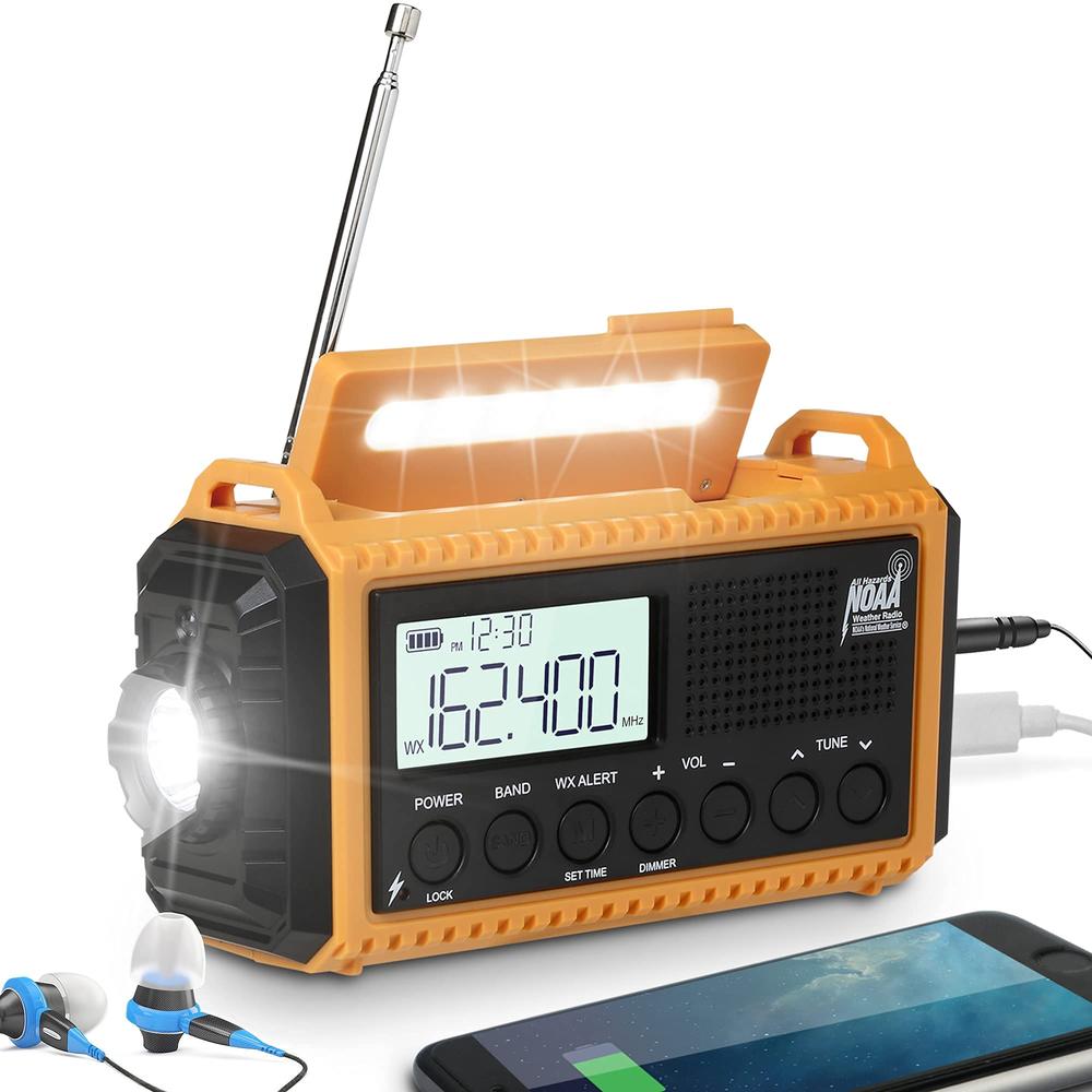 ROCAM Emergency Radio,Solar Hand Crank Weather Radio Battery Portable AM/FM/Shortave/NOAA Radio with Time Display,Flashlight,Smartphon