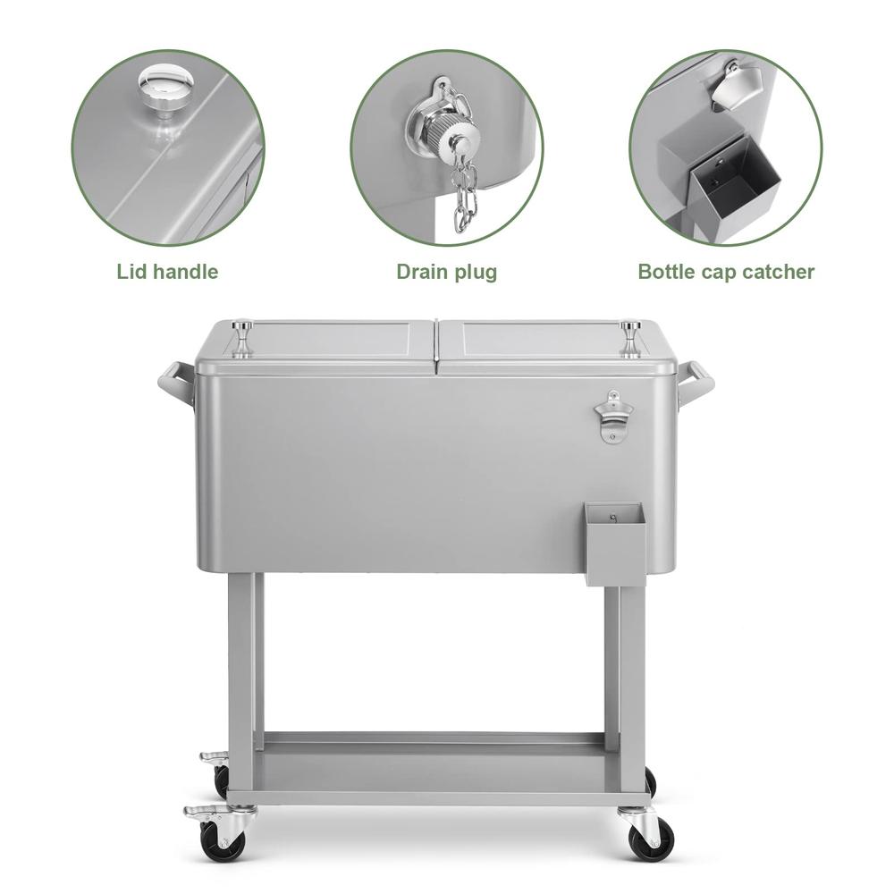 EDOSTORY 80 Quart Rolling Silver Ice Chest Cooler Cart,Patio Backyard Party Drink Beverage Bar Stand Up Cooler Trolley with Ice