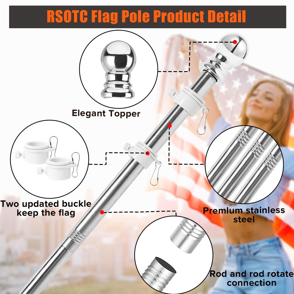 RSOTC Flag Poles for Outside House 6 ft Stainless Steel Metal Black Flag Pole kit Tangle Free Residential Heavy Duty for Truck,H