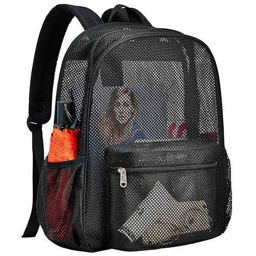 USPECLARE Heavy Duty Semi-Transparent Mesh Backpack, See Through College Student Backpack, Mesh Bookbag for Beach, Camping, Spor