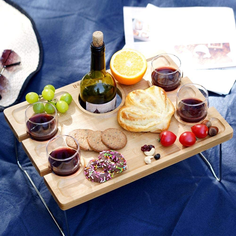 INNO STAGE Portable Picnic Table with Wine Glass and Bottle Holder, Folding Bamboo Snacks Tray Outdoor Living Camping Beach Part