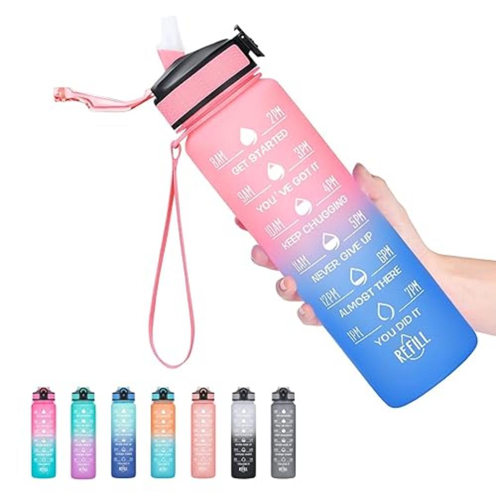Hyeta 32 oz Water Bottles with Times to Drink and Straw, Motivational